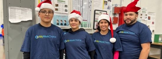 workers in myworkchoice t-shirts and santa hats